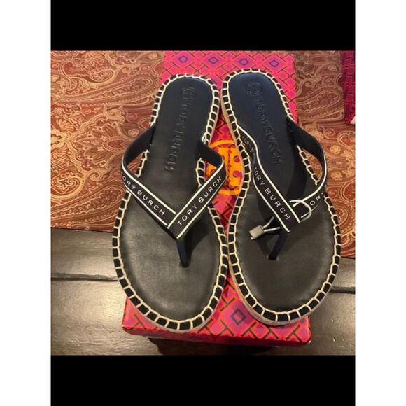 NWT TORY BURCH Womens Black Jute Sole Logo Round Toe Slip On Flip Flop Sandal 6